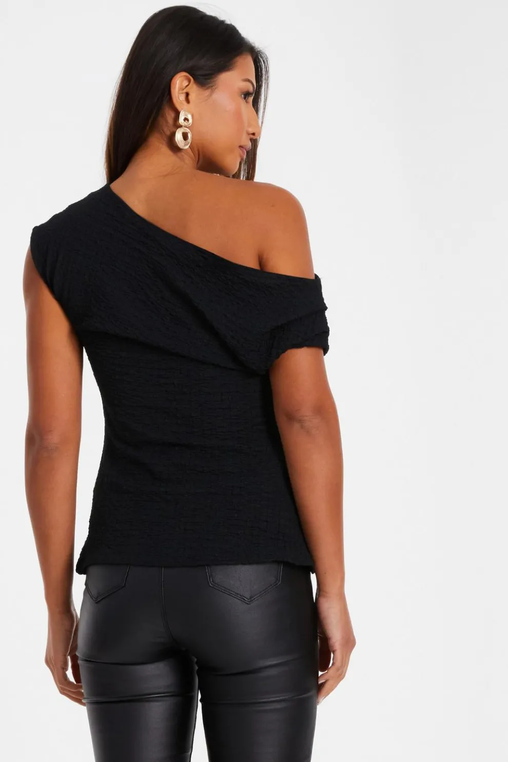 Black Textured Drape Neck Top