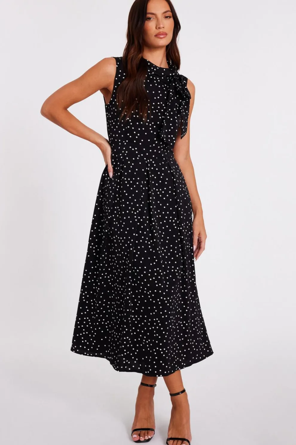 Black Tie Neck Polka Dot Midaxi Dress