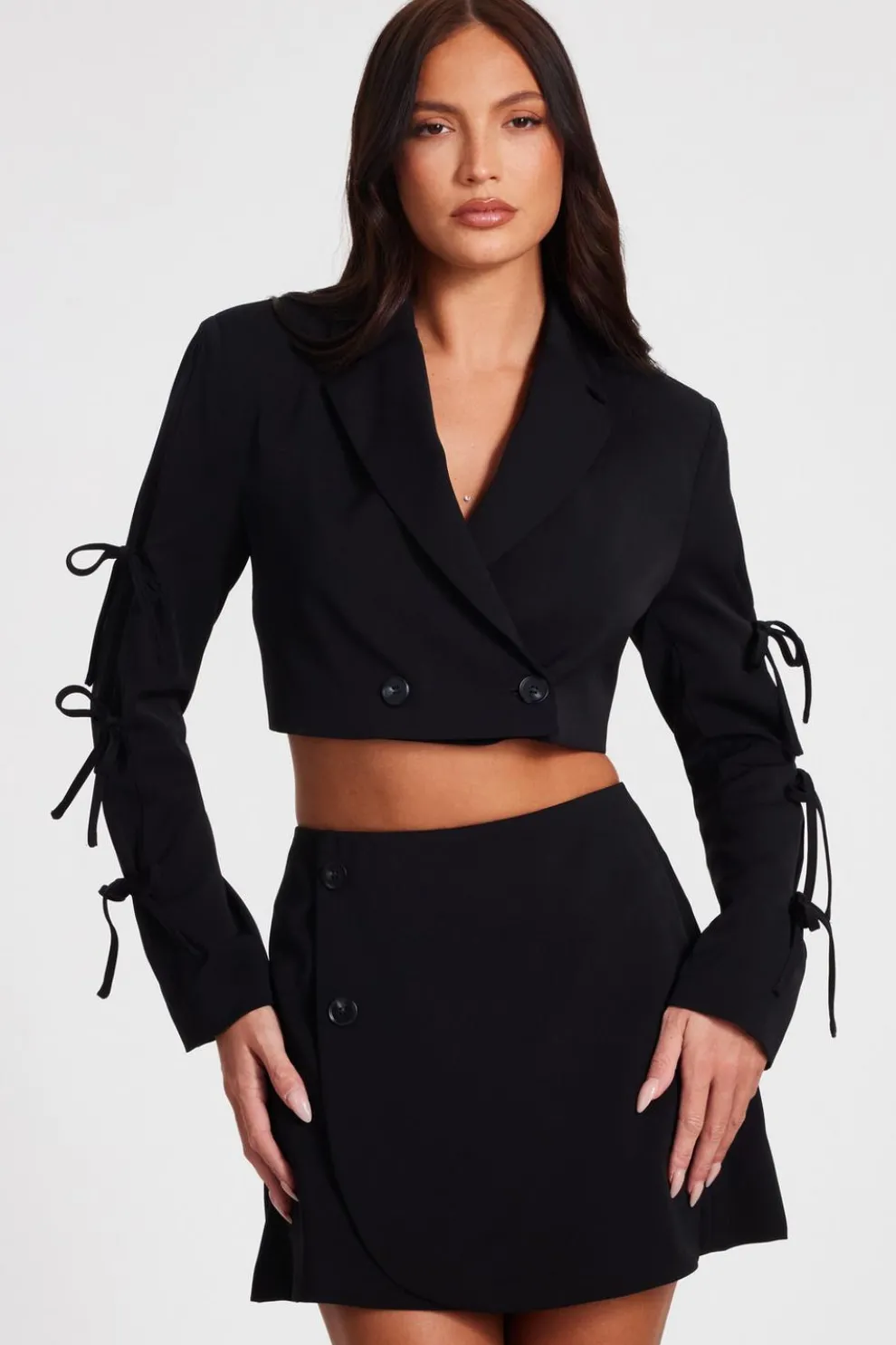 Black Tie Sleeve Cropped Blazer