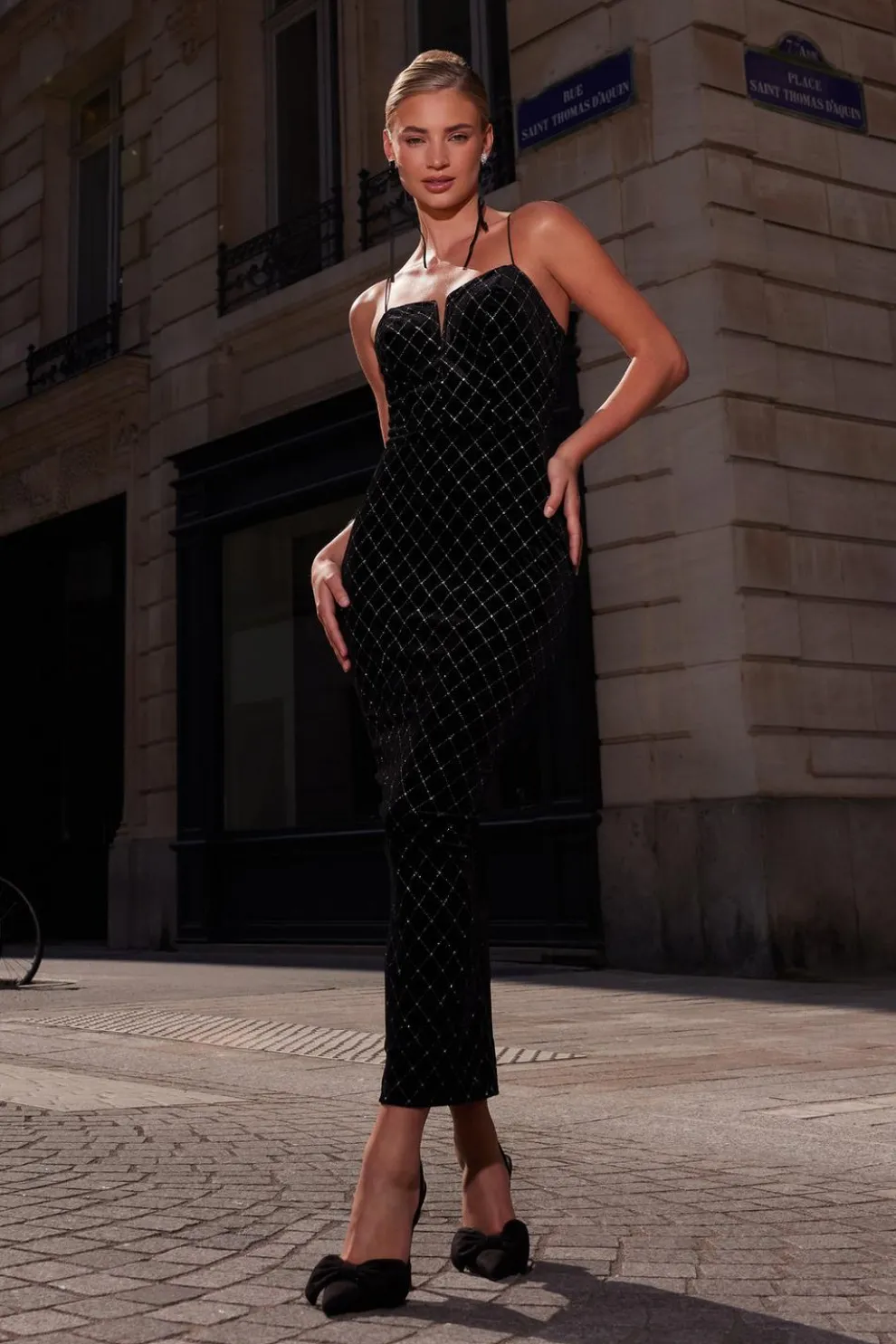 Black Velvet Diamante Midi Dress