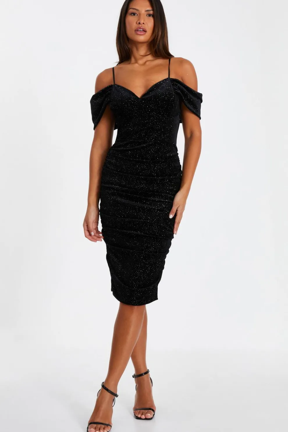 Black Velvet Glitter Cold Shoulder Midi Dress
