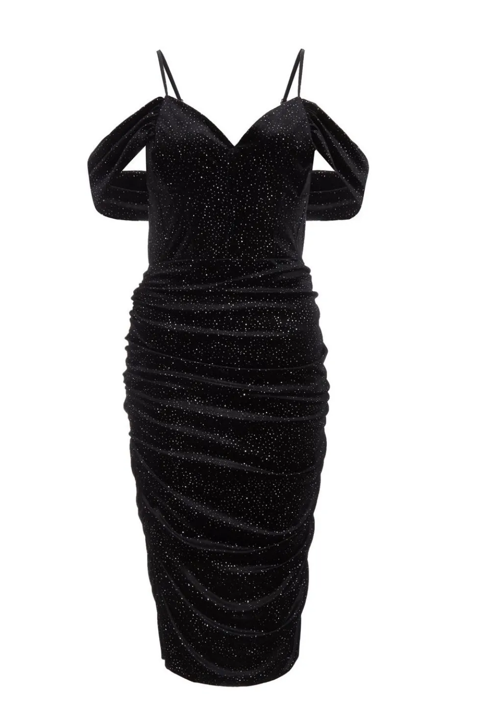 Black Velvet Glitter Cold Shoulder Midi Dress