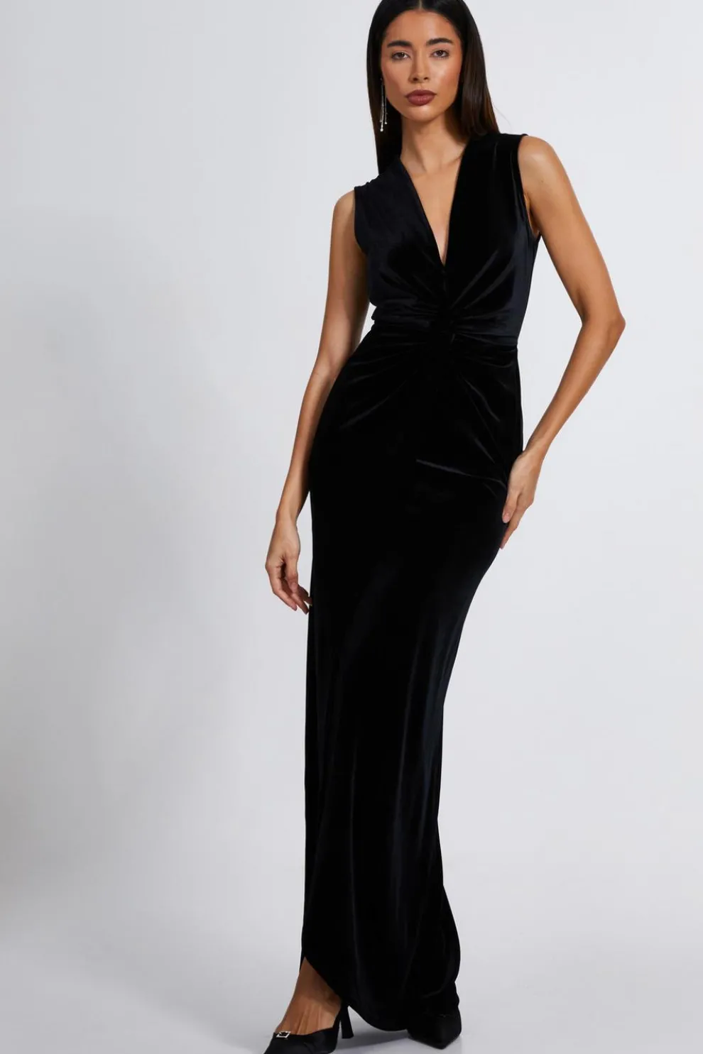 Black Velvet Twist Front Maxi Dress