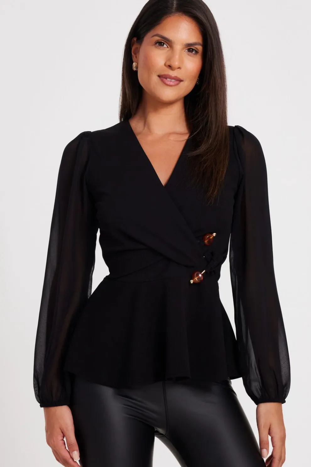 Black Wrap Front Buckle Top