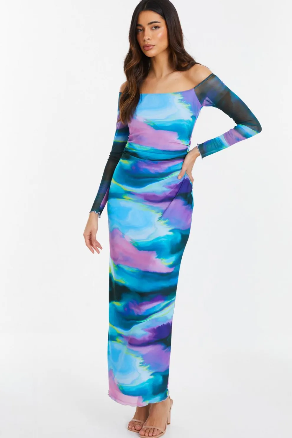 Blue Abstract Print Mesh Midaxi Dress