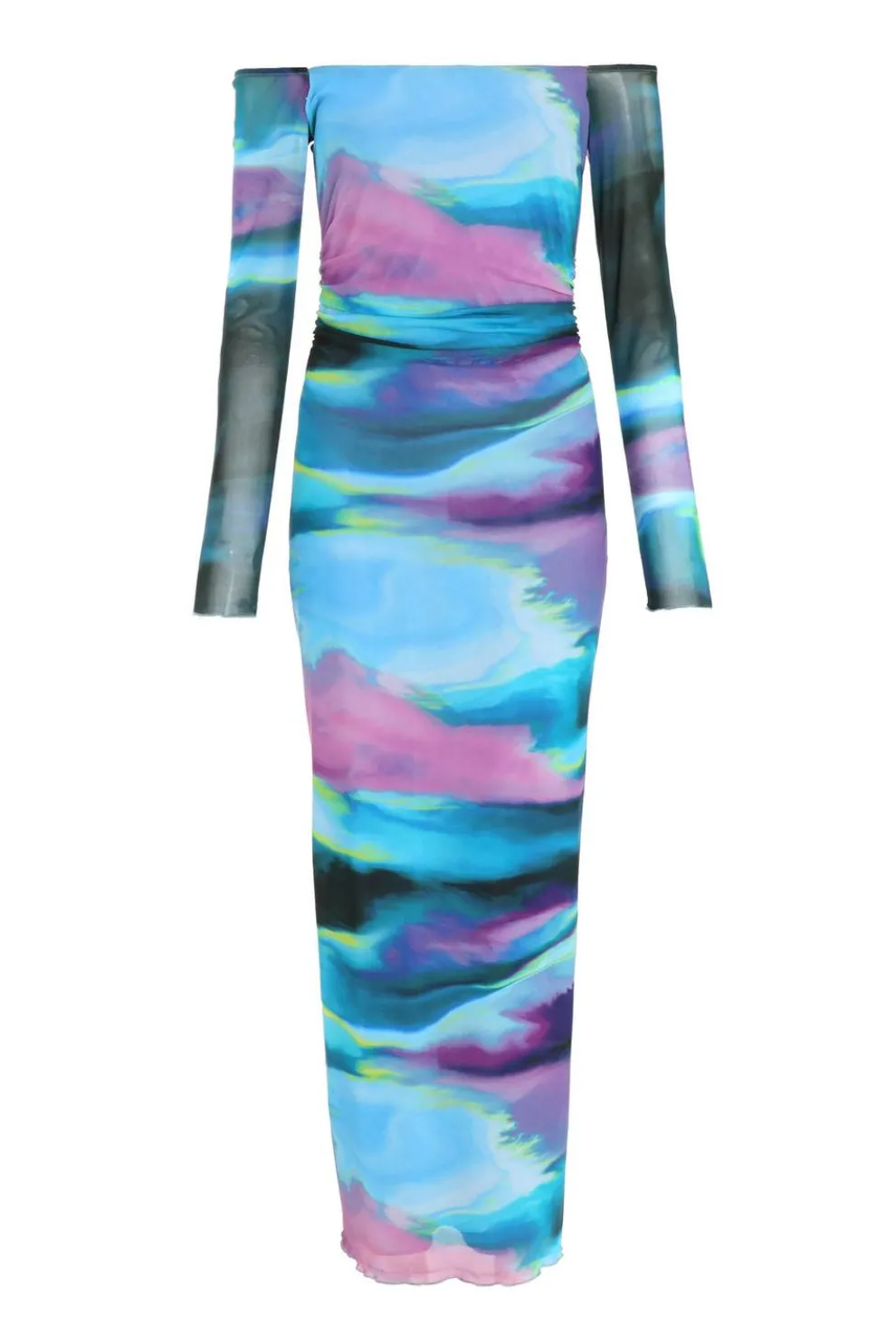 Blue Abstract Print Mesh Midaxi Dress
