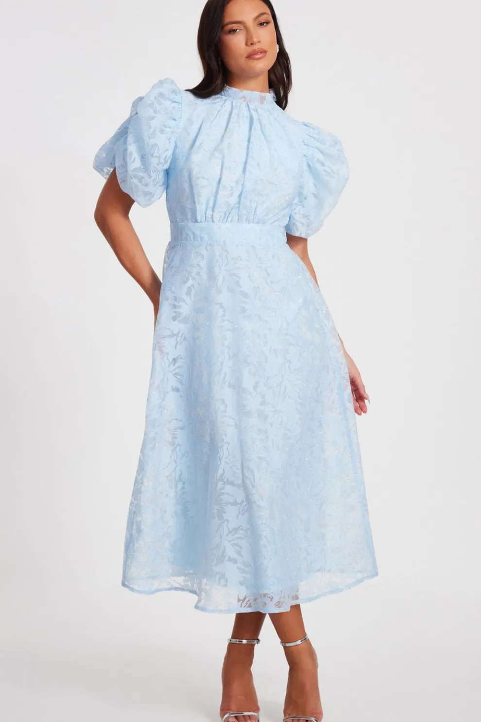 Blue Chiffon Diamante Midi Dress