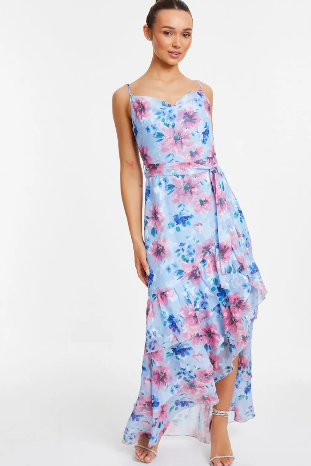 Blue Chiffon Floral Ruffle Maxi Dress