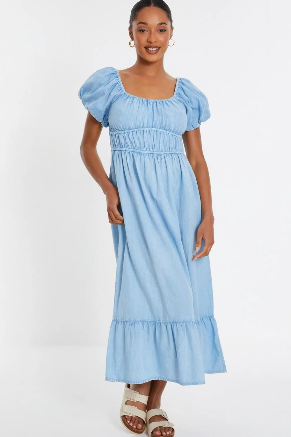 Blue Denim Puff Sleeve Midi Dress