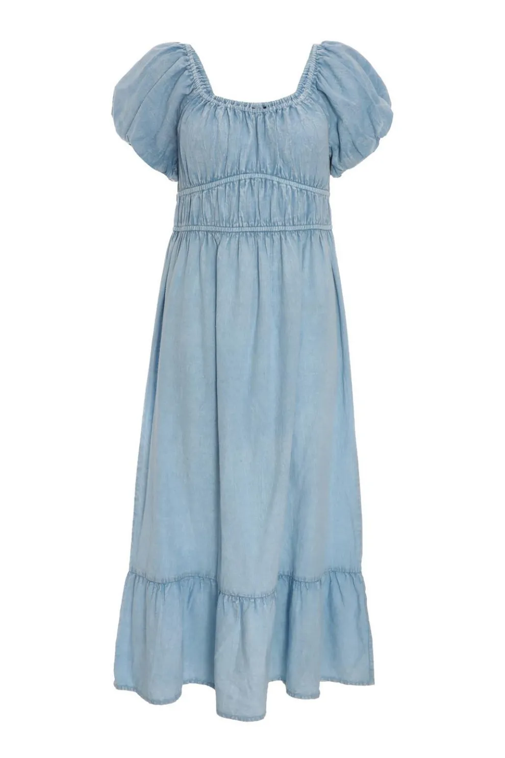 Blue Denim Puff Sleeve Midi Dress