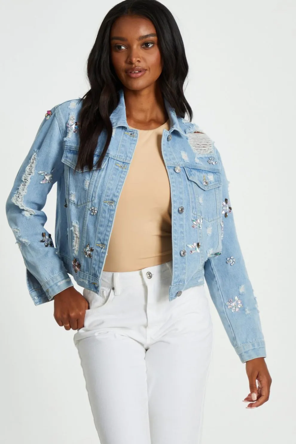 Blue Destressed Embellished Denim Jacket