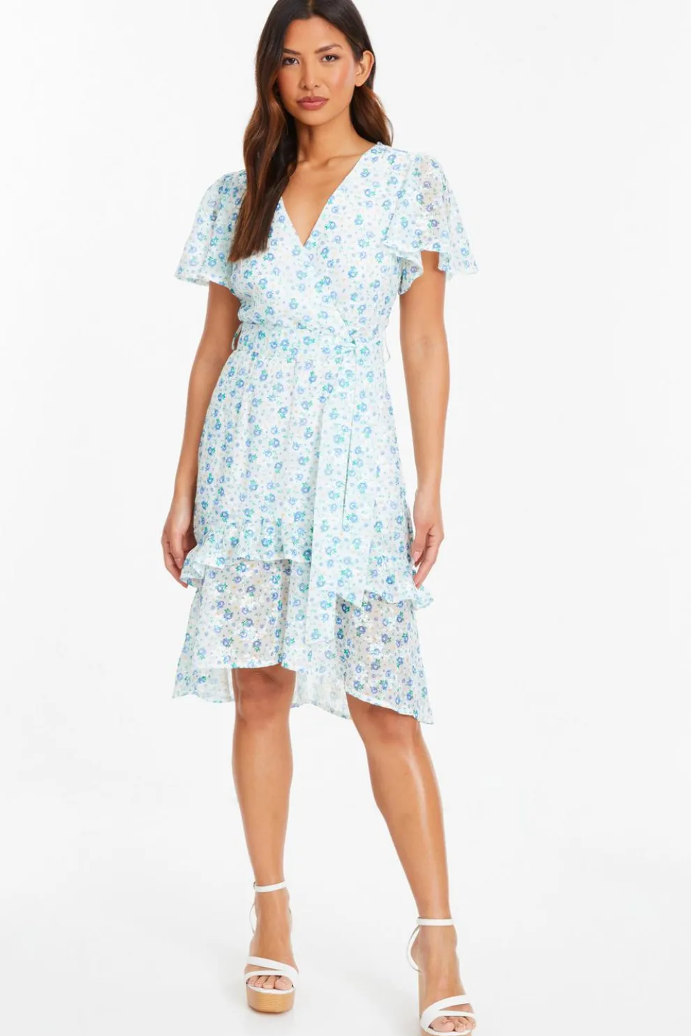 Blue Ditsy Print Chiffon Wrap Midi Dress