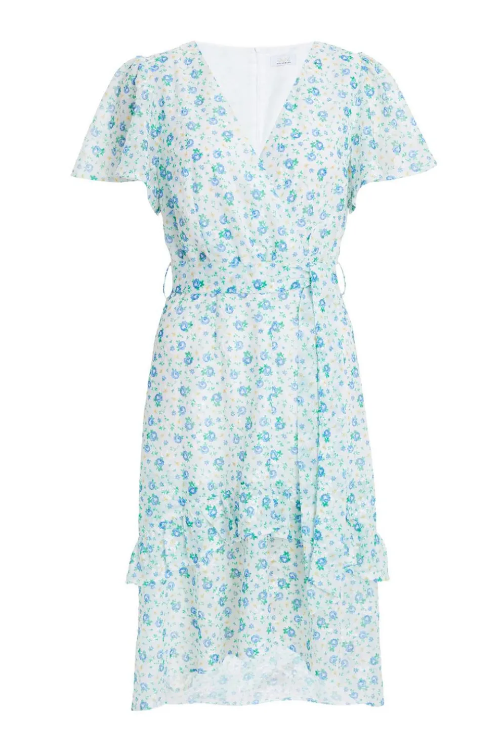 Blue Ditsy Print Chiffon Wrap Midi Dress