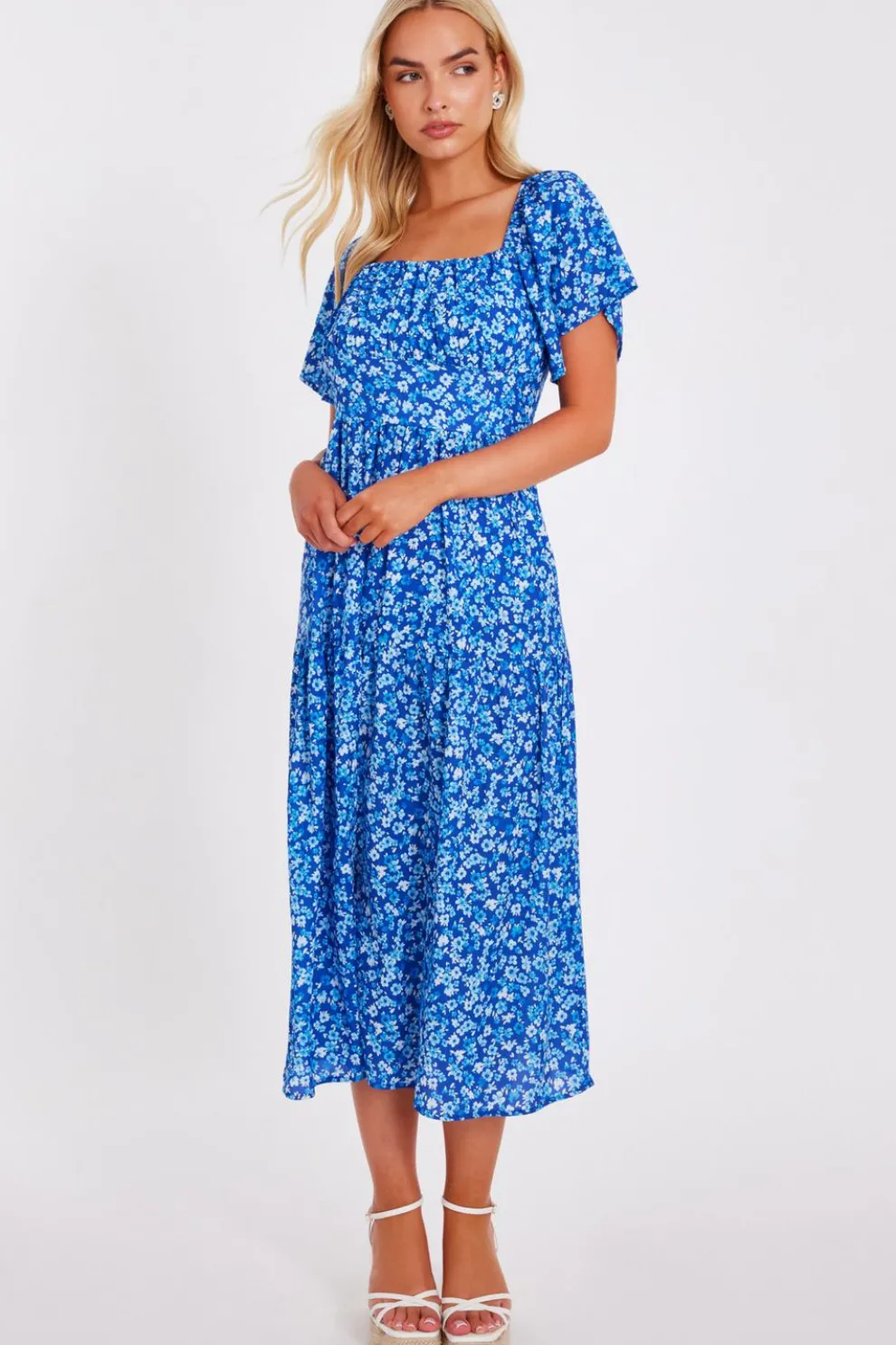 Blue Floral Print Midi Dress