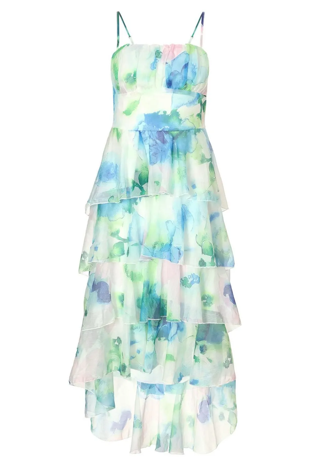 Blue Floral Tiered Midi Dress