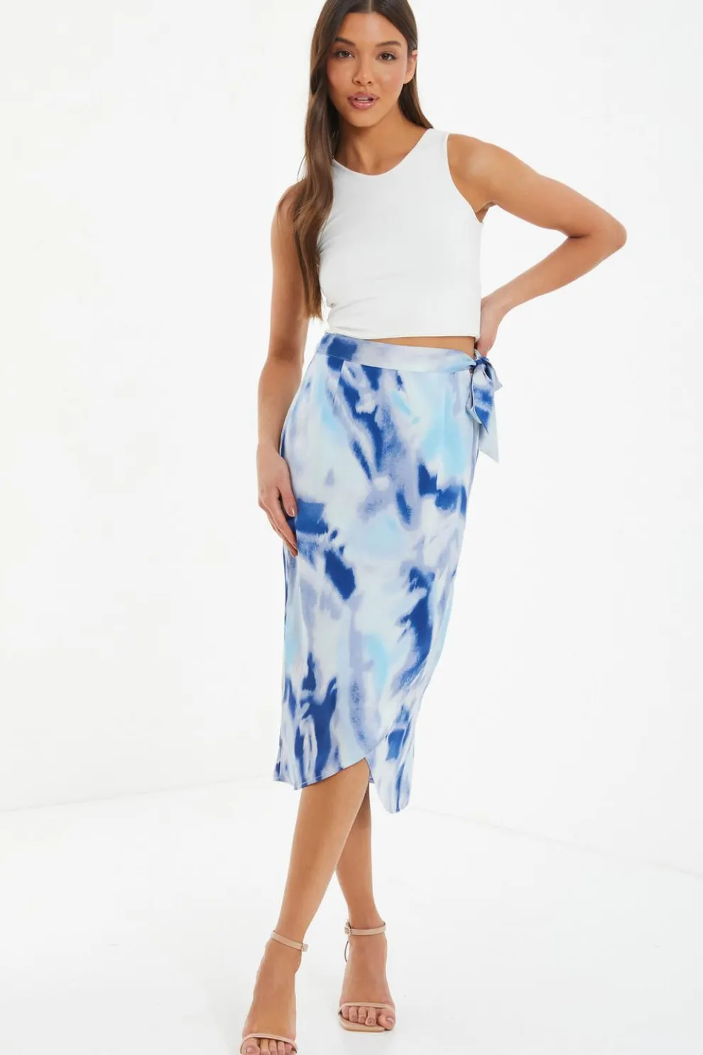 Blue Marble Print Wrap Midi Skirt