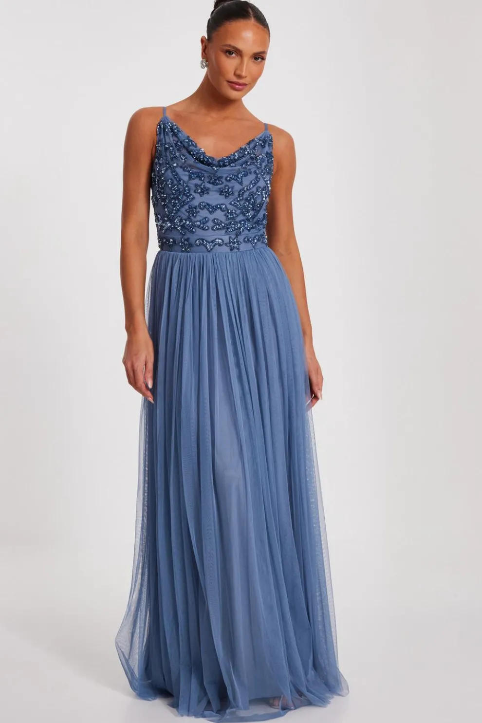 Blue Mesh Beaded Maxi Dress