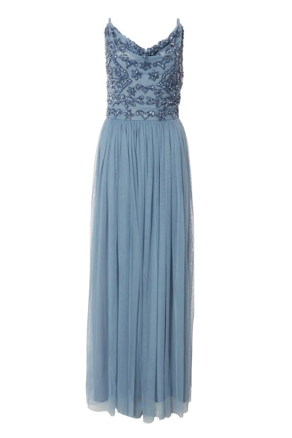 Blue Mesh Beaded Maxi Dress