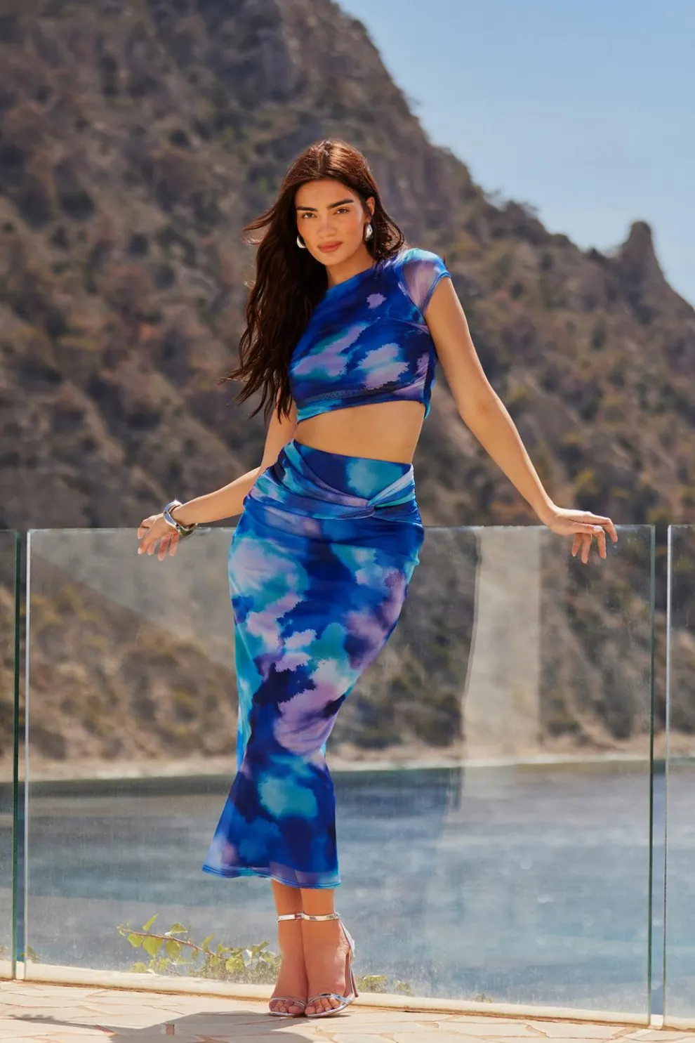 Blue Mesh Tie Dye Print Midaxi Skirt