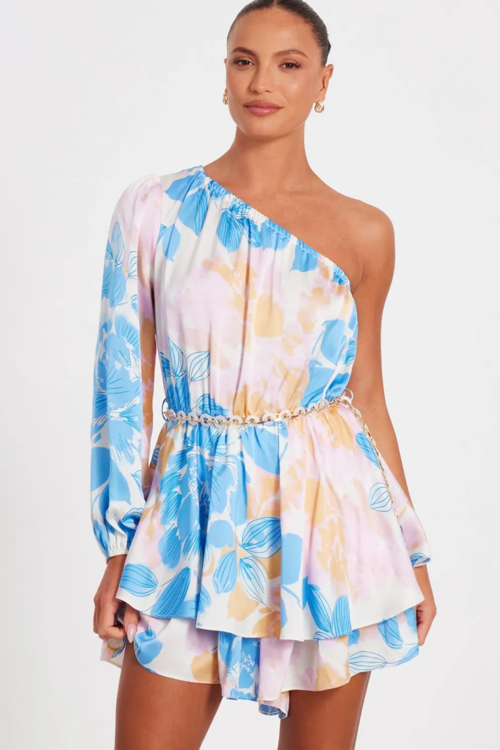 Blue One shoulder Floral Playsuit
