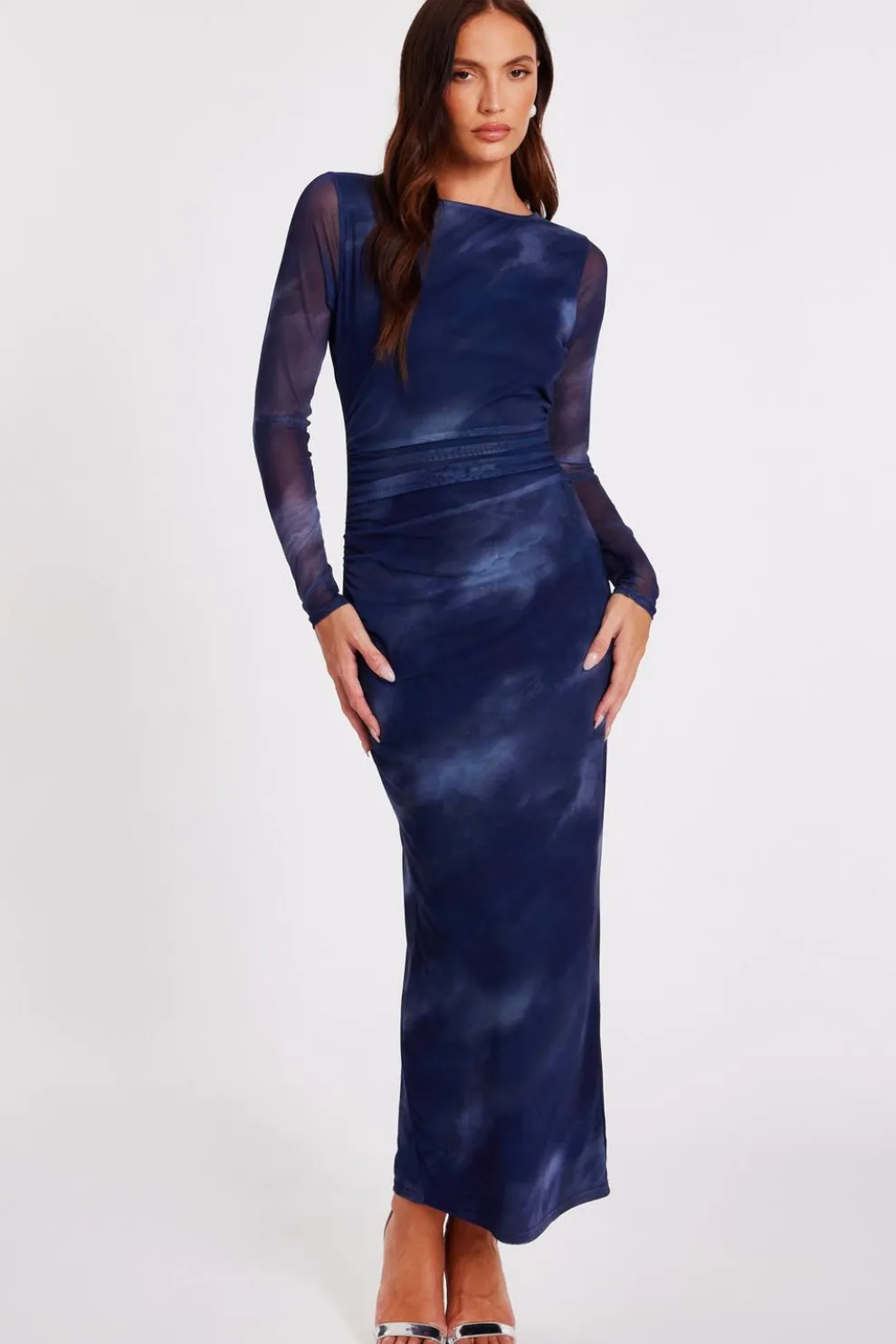 Blue Printed Long Sleeve Midaxi Dress