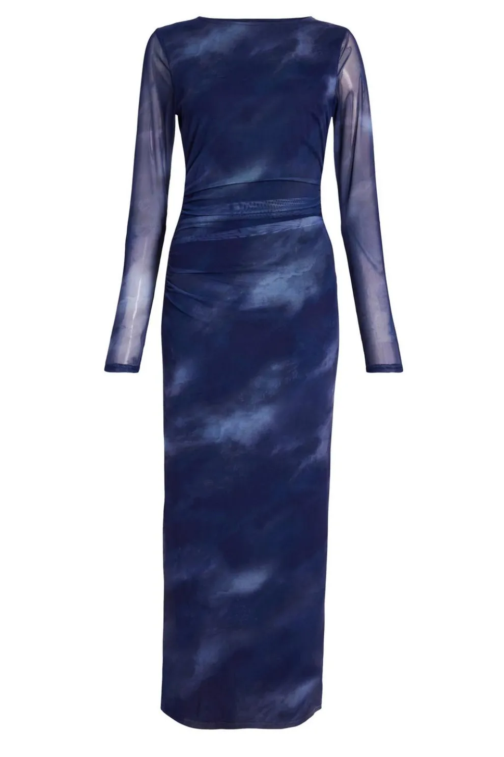 Blue Printed Long Sleeve Midaxi Dress