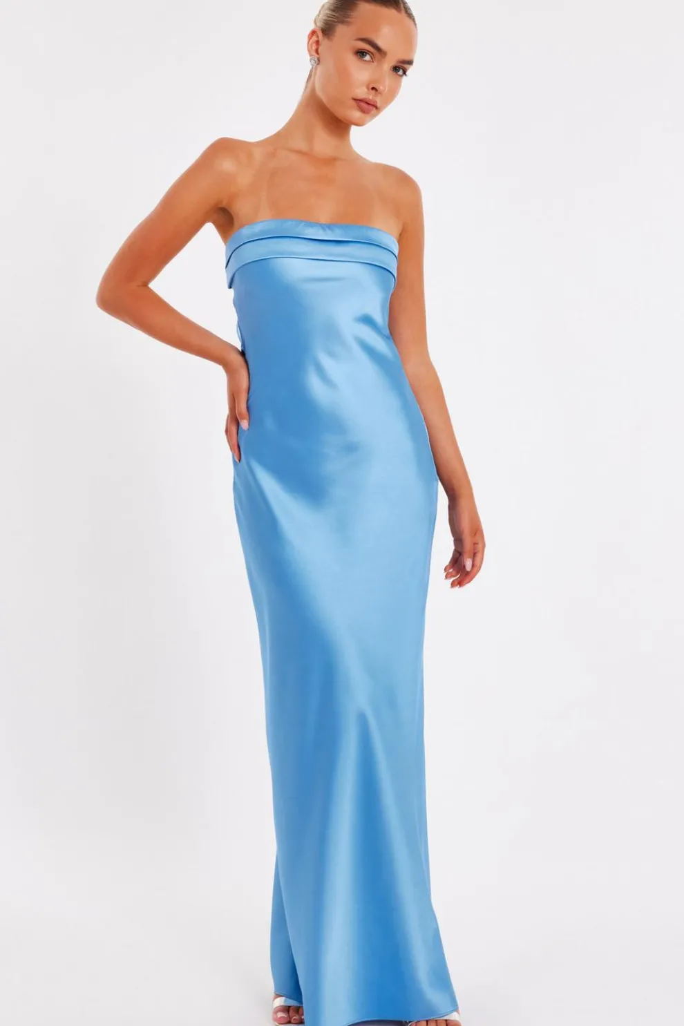 Blue Satin Bandeau Midaxi Dress