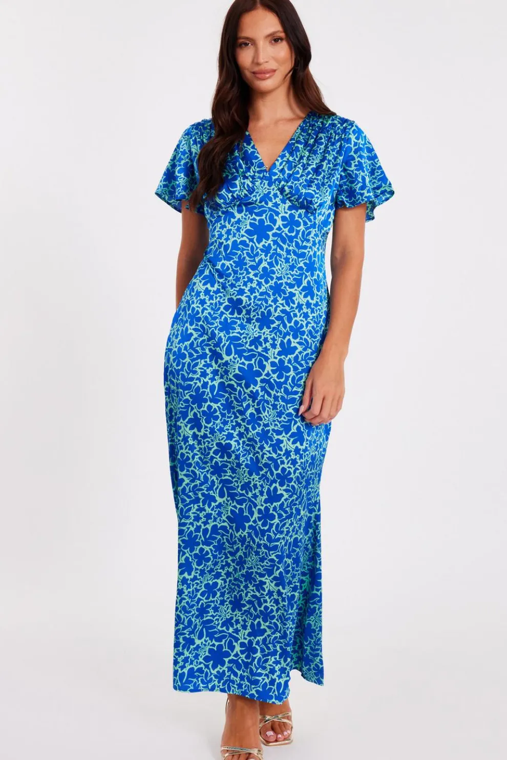 Blue Satin Floral Midaxi Dress