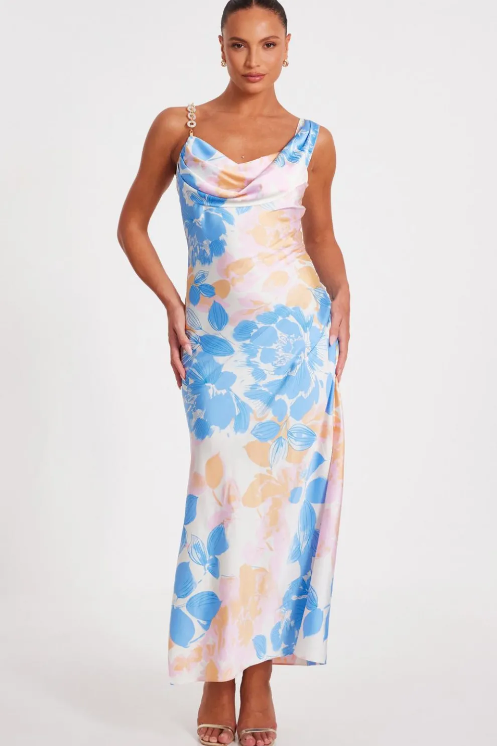 Blue Satin Floral Midaxi Dress