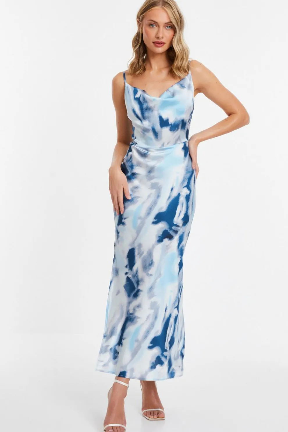 Blue Satin Marble Print Midi Dress