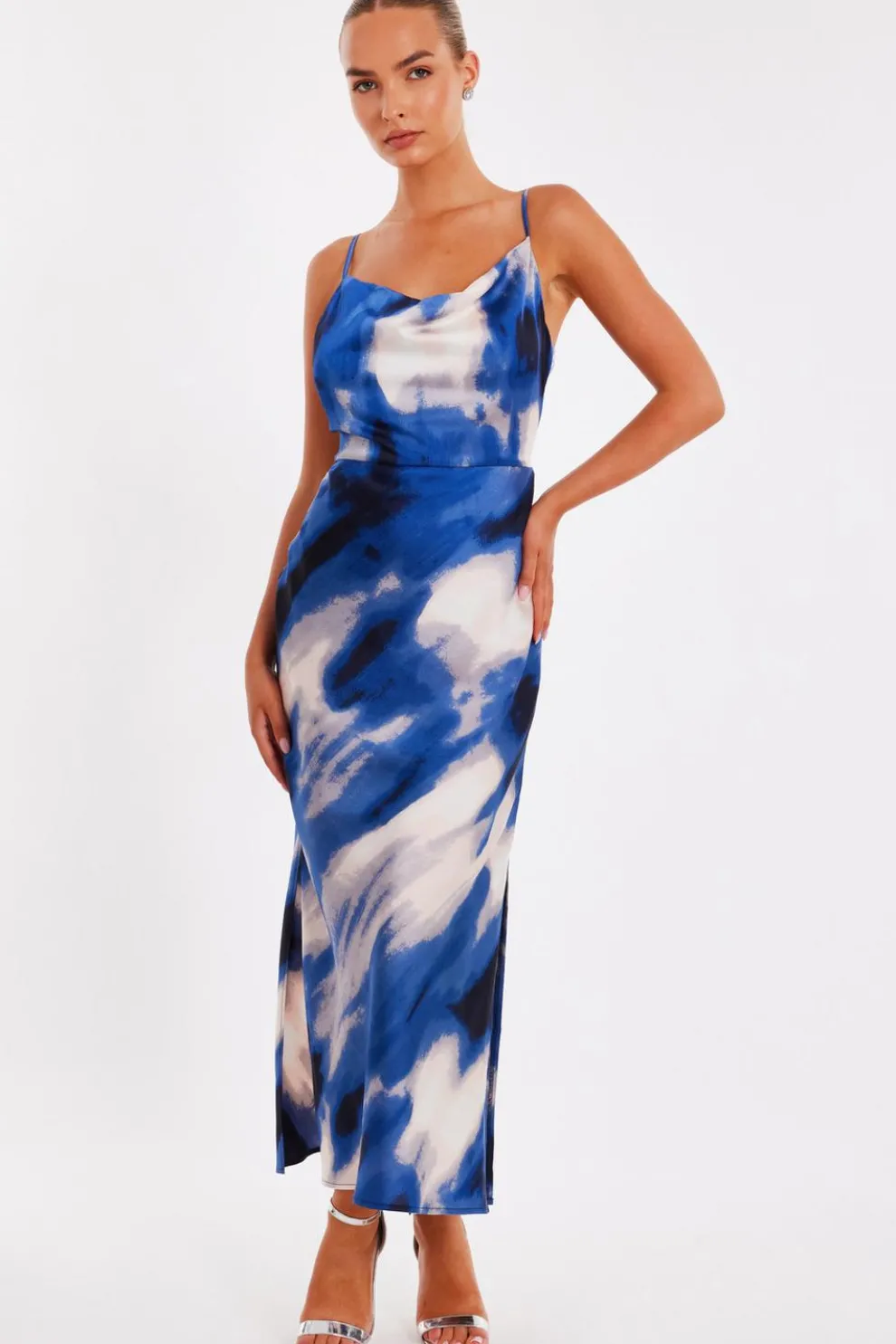Blue Satin Marble Midaxi Dress
