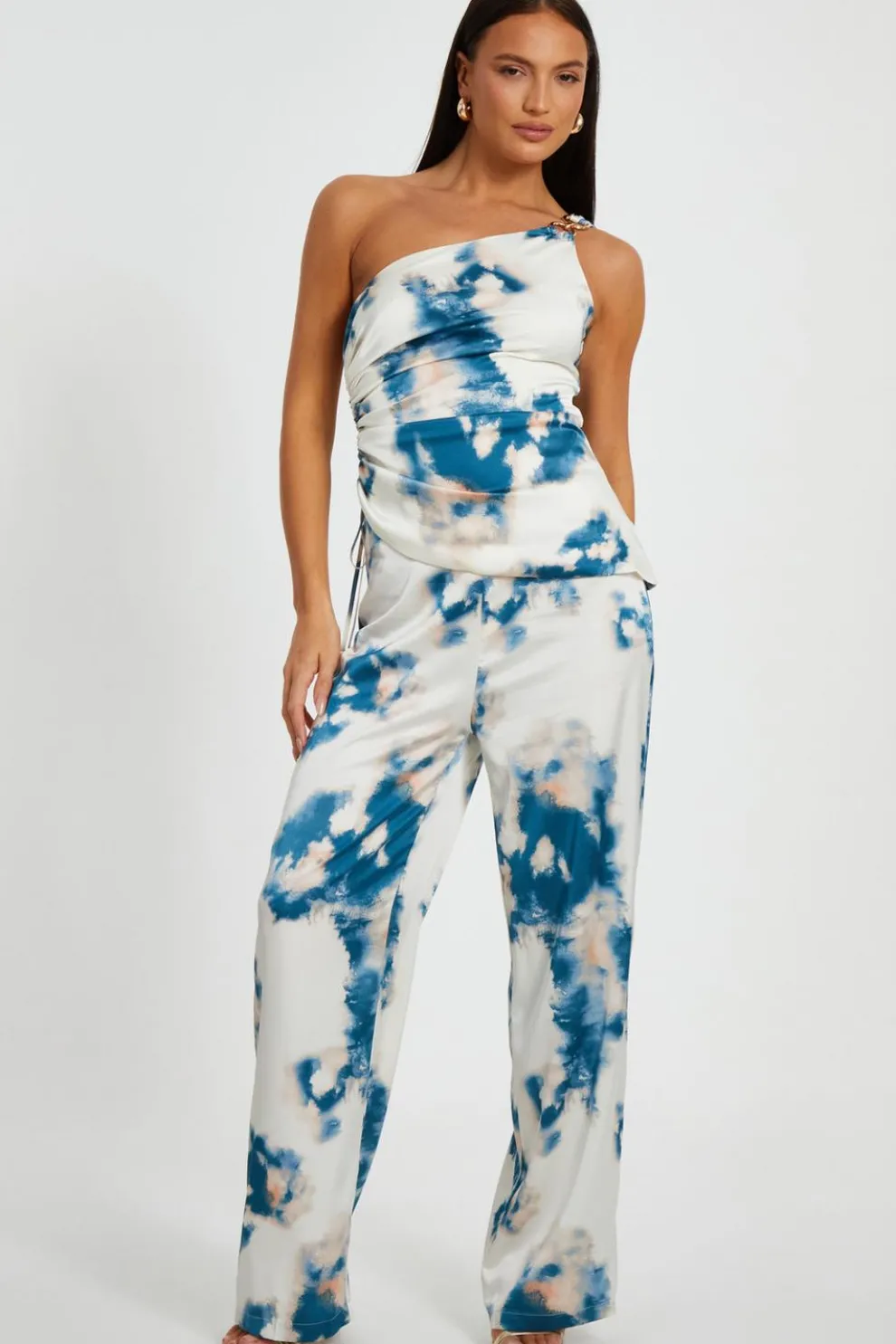 Blue Satin Marble Print Trousers