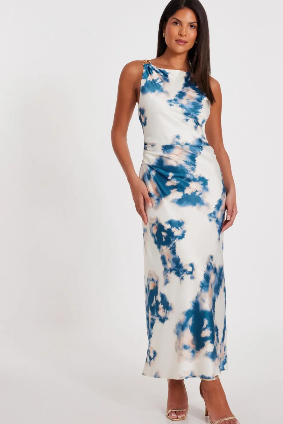 Blue Satin Marble Print Midaxi Dress