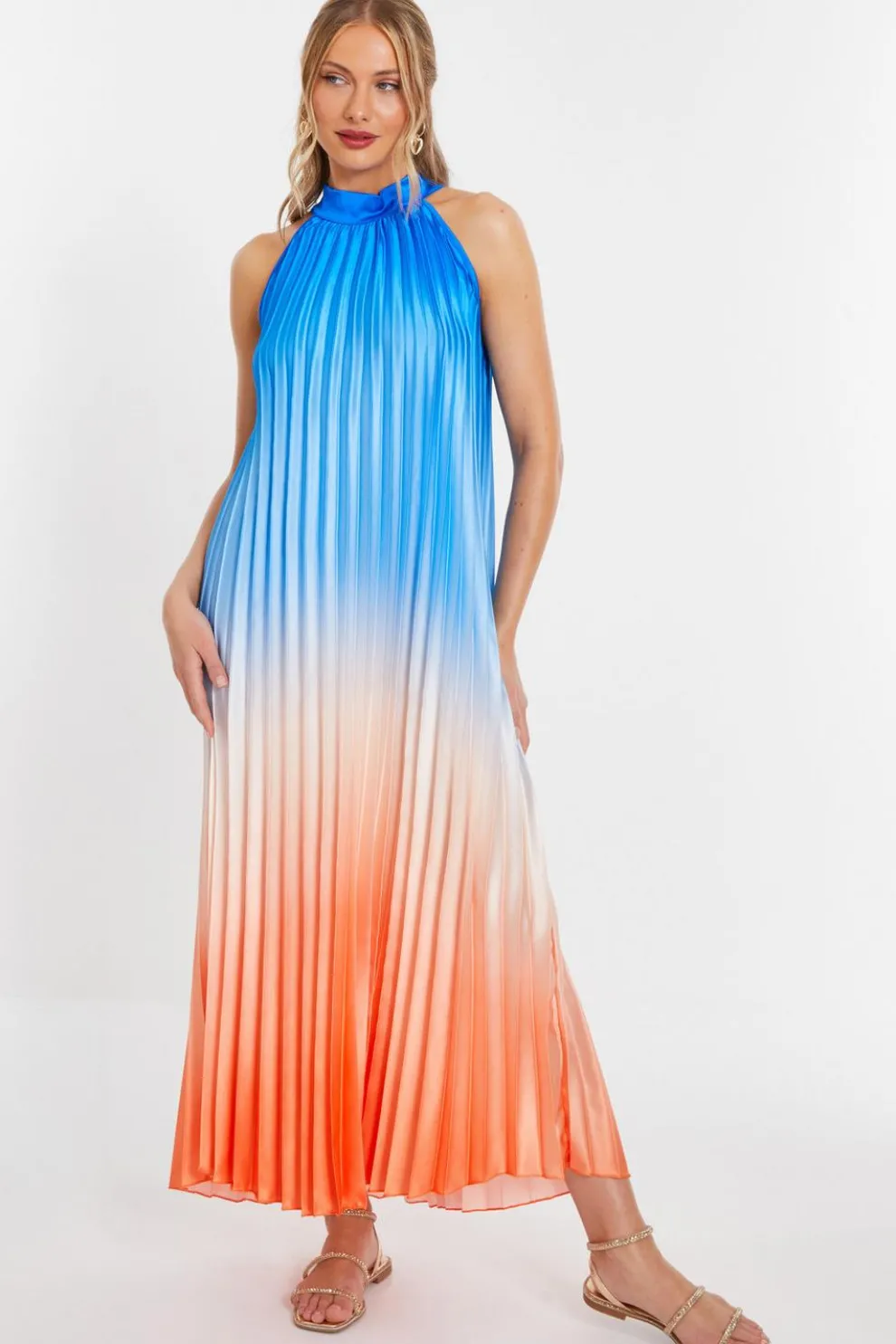 Blue Satin Ombre Pleated Maxi Dress