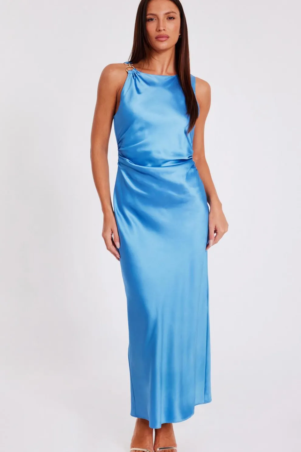 Blue Satin Ruched Midaxi Dress