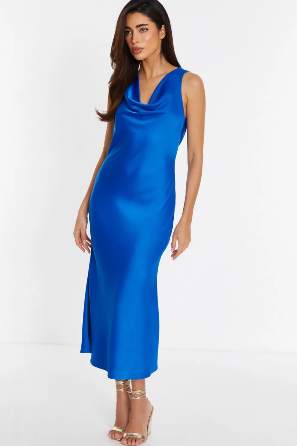 Blue Satin Slip Midi Dress