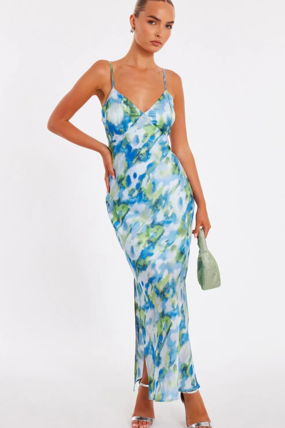 Blue Satin Tie Back Midaxi Dress