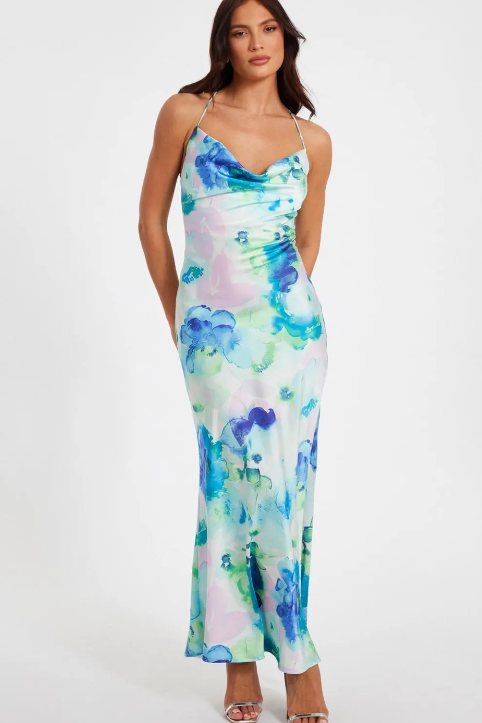 Blue Satin Tie Dye Midaxi Dress