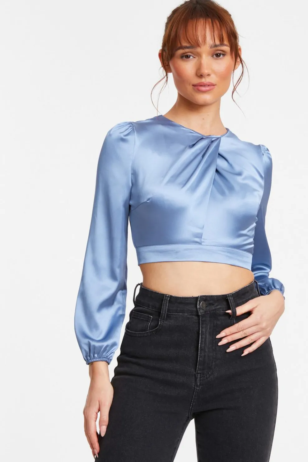 Blue Satin Twist Neck Crop Top