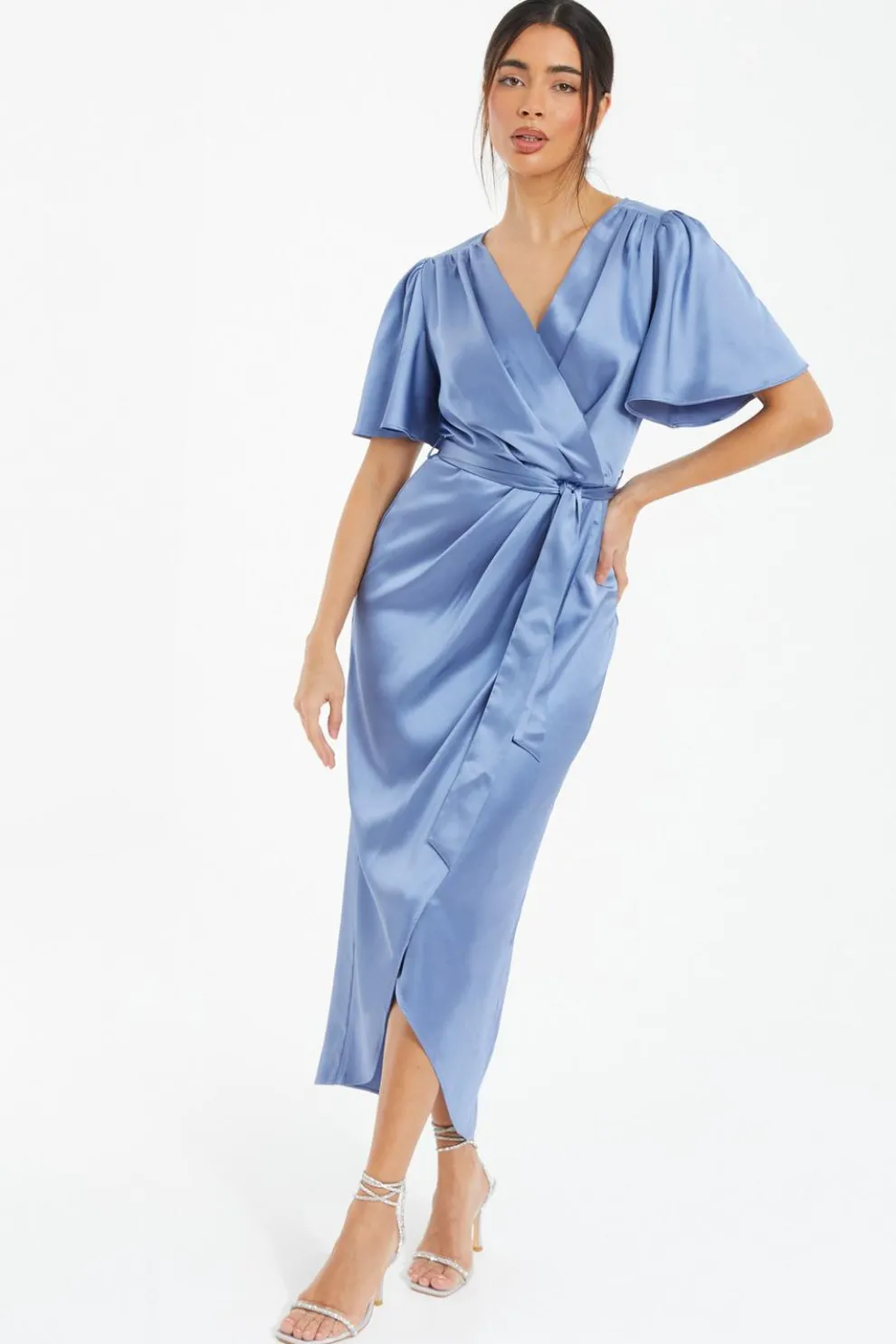 Blue Satin Wrap Ruched Midi Dress