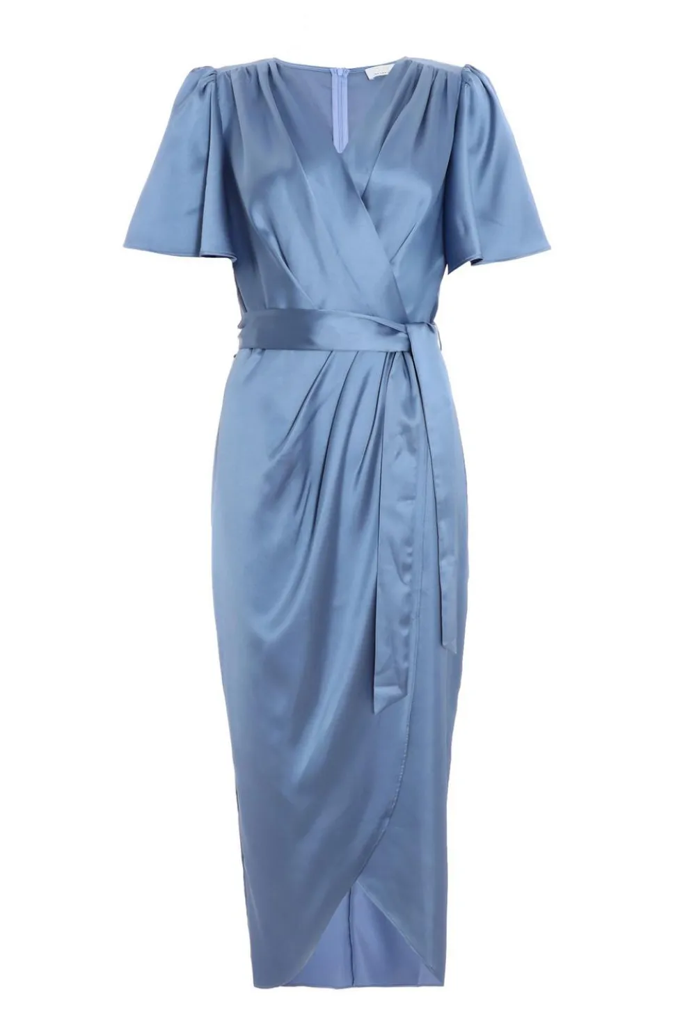 Blue Satin Wrap Ruched Midi Dress