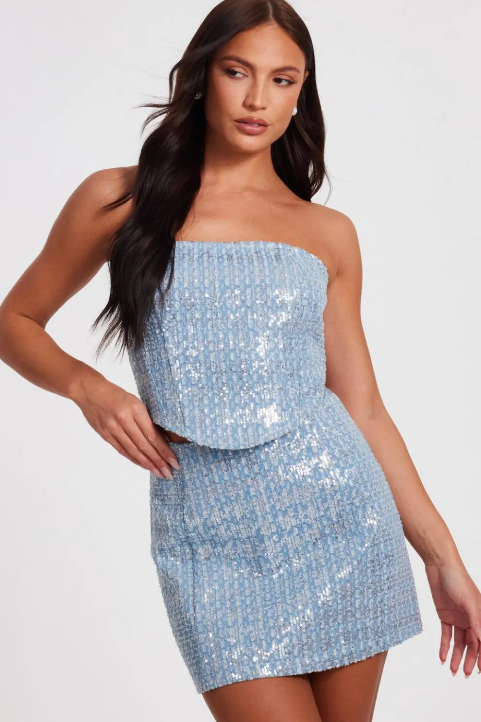 Blue Sequin Denim Bandeau Top