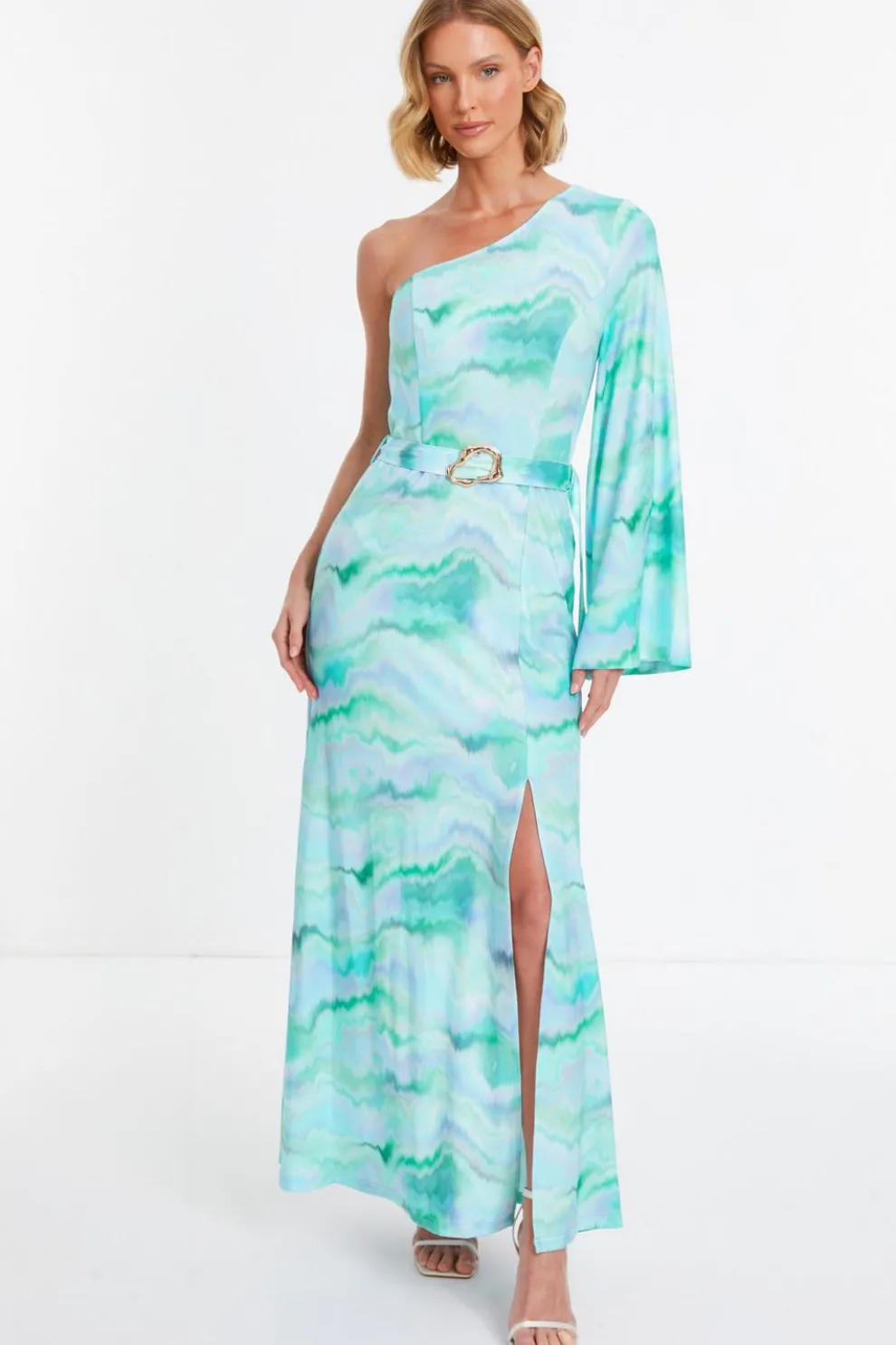 Blue Slinky Marble One Shoulder Fluted Dress