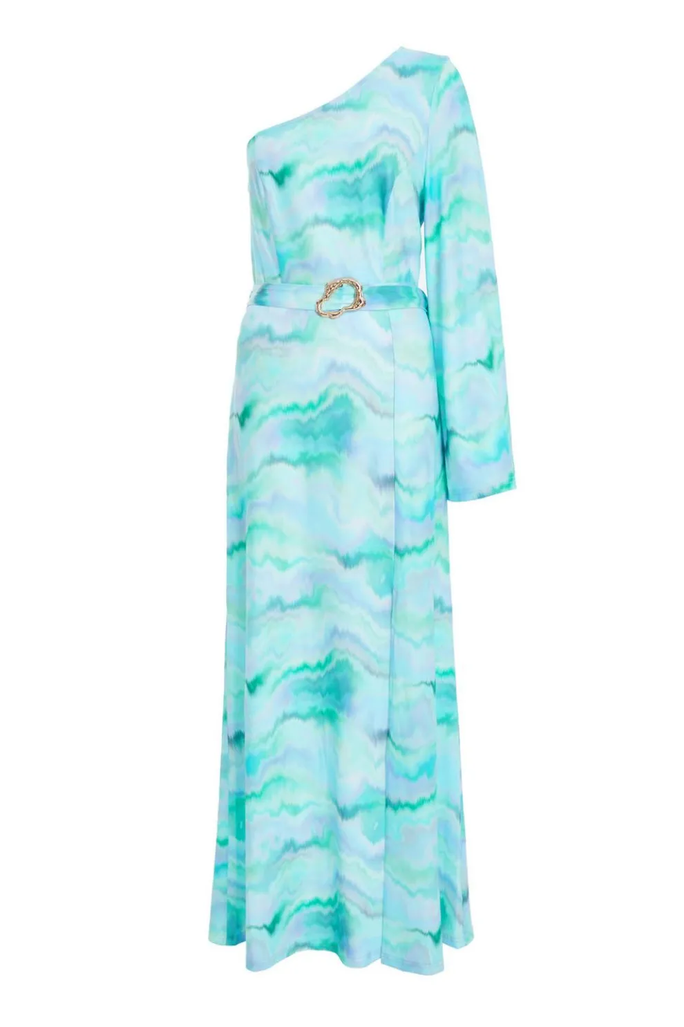 Blue Slinky Marble One Shoulder Fluted Dress