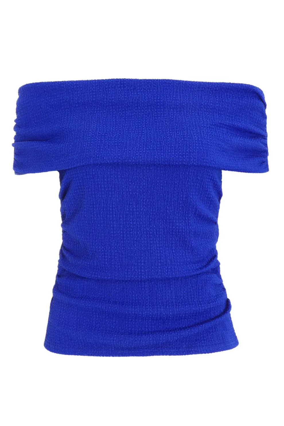 Blue Textured Bardot Ruched Top