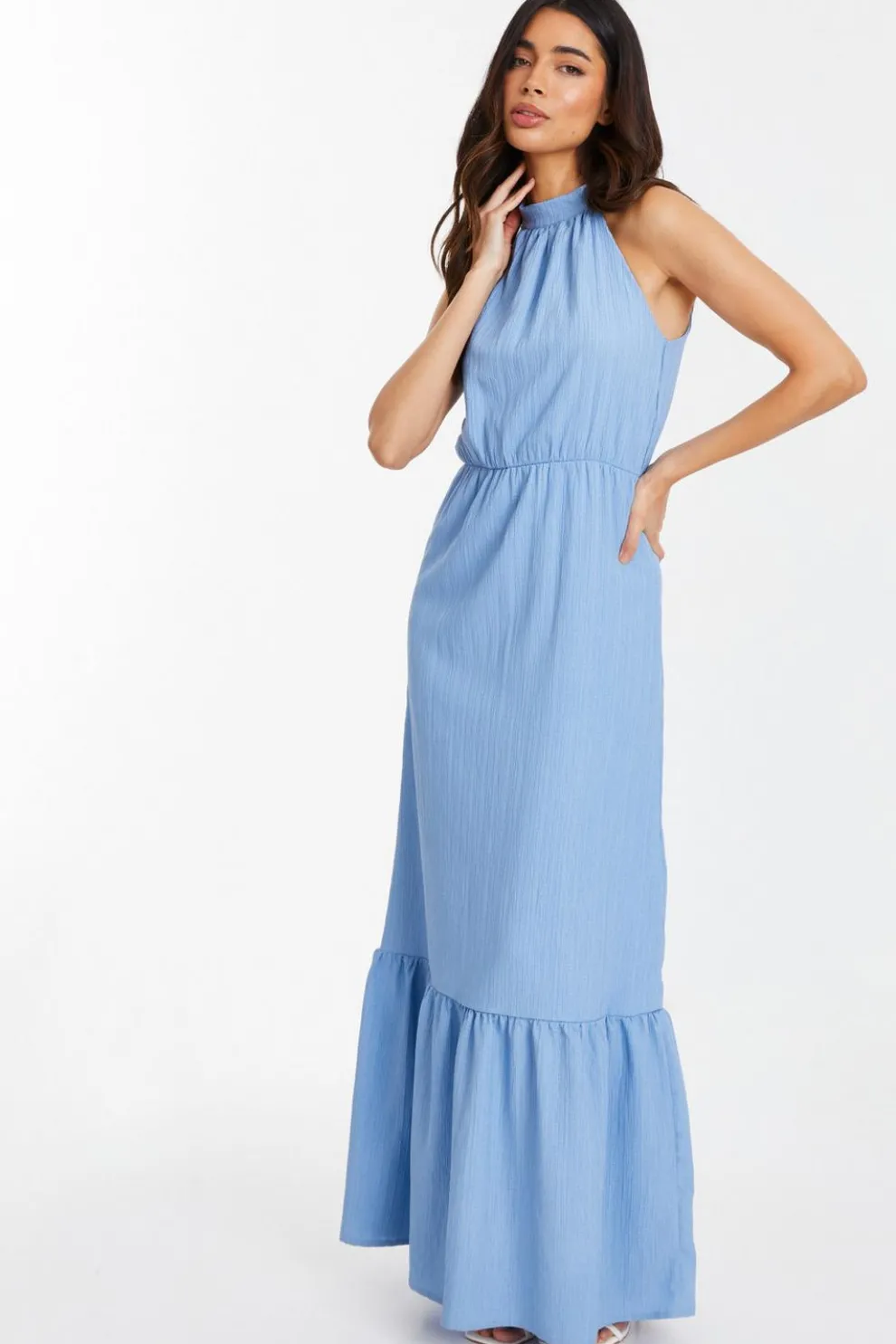 Blue Textured High Neck Maxi Dress