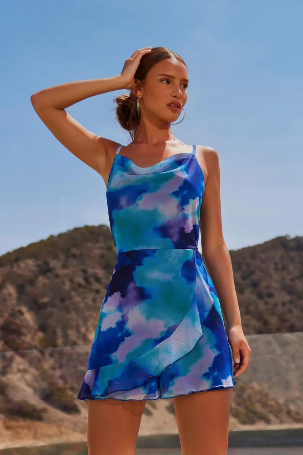 Blue Tie Dye Print Cowl Neck Mesh Playsuit