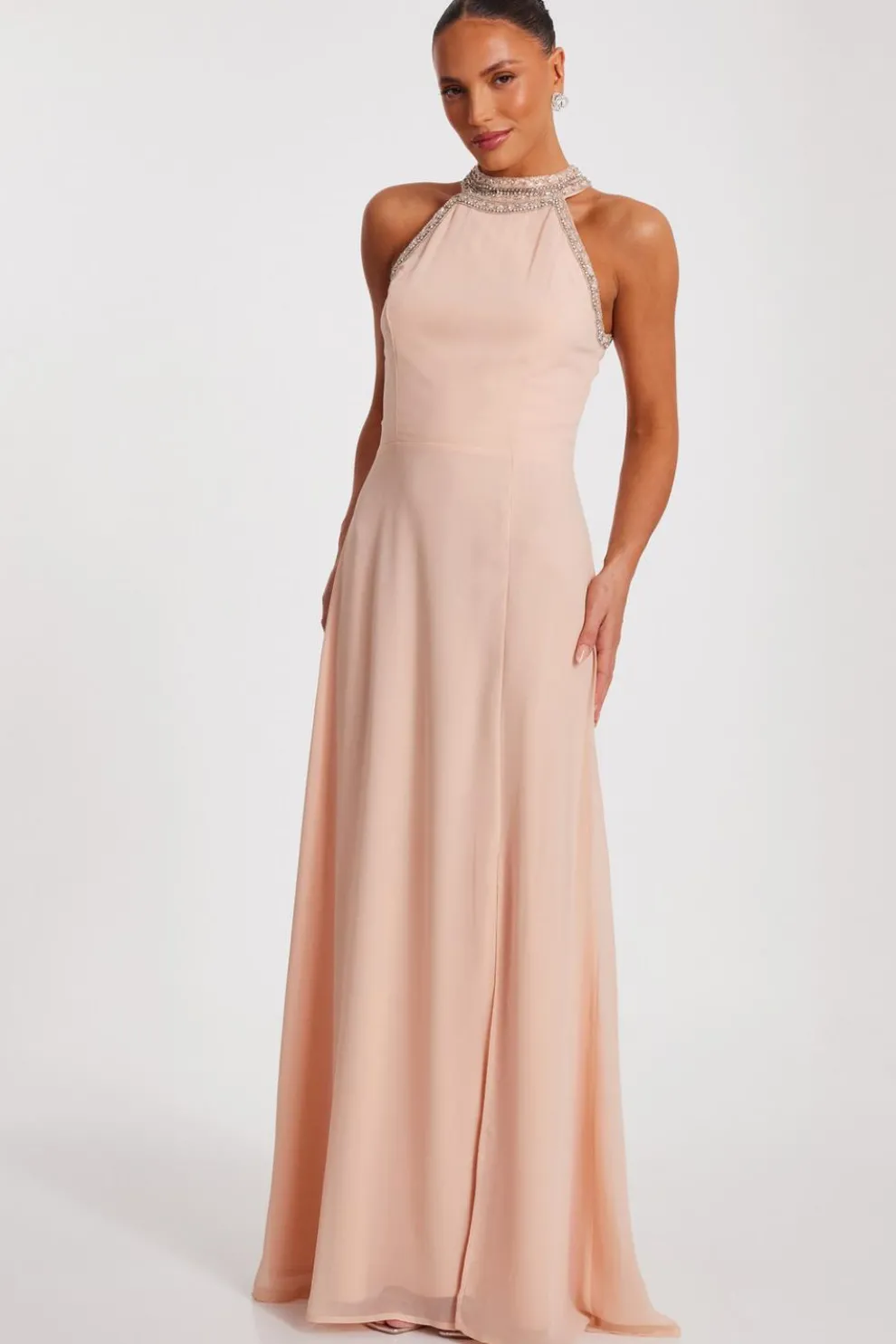 Blush Embellished Chiffon Maxi Dress