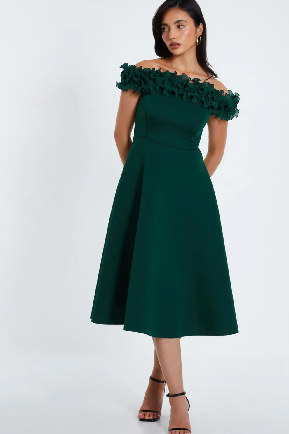 Bottle Green Bardot Ruffle Skater Midi Dress