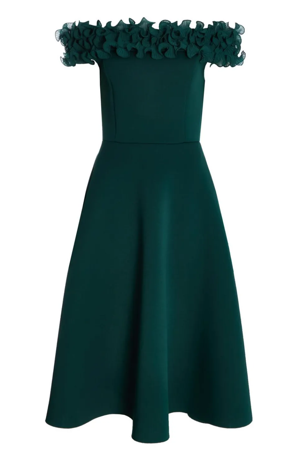 Bottle Green Bardot Ruffle Skater Midi Dress